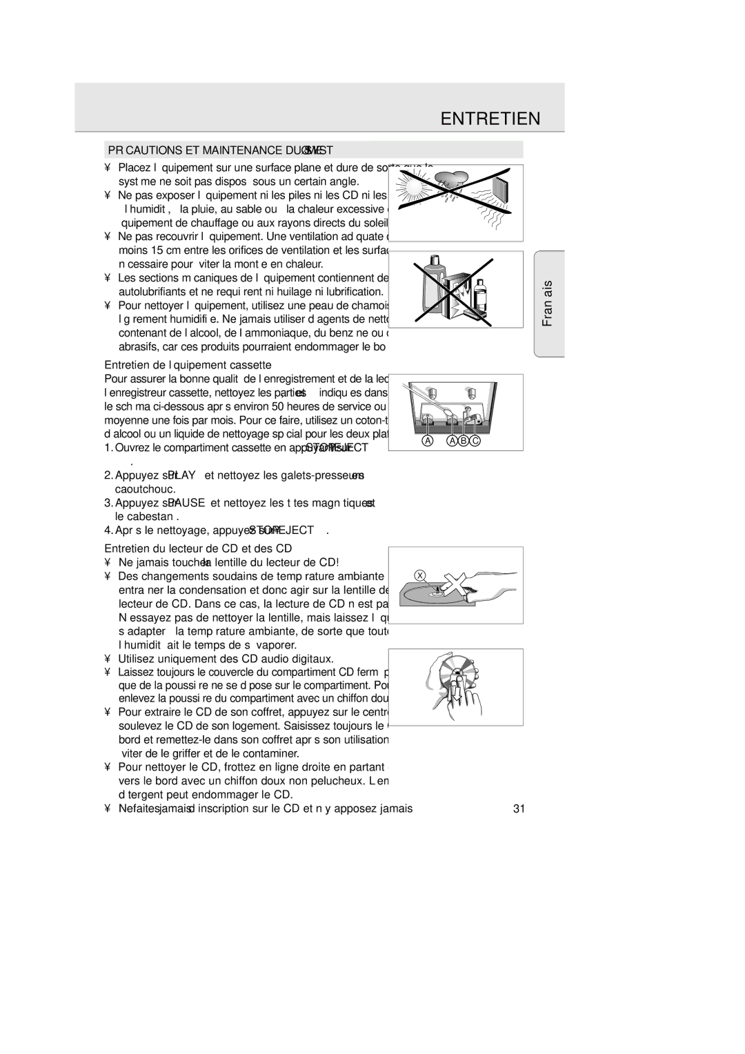 Magnavox AZ 2755 manual Précautions ET Maintenance DU Système, Entretien de l’équipement cassette 