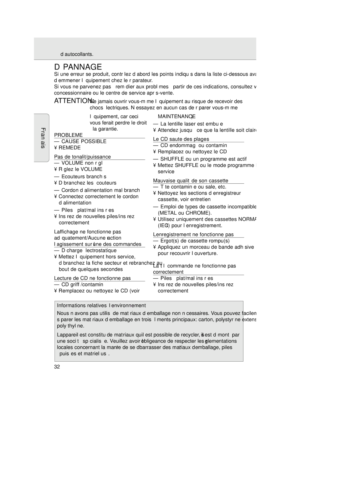 Magnavox AZ 2755 manual Dépannage, Probleme, Maintenance, Lecture de CD ne fonctionne pas 