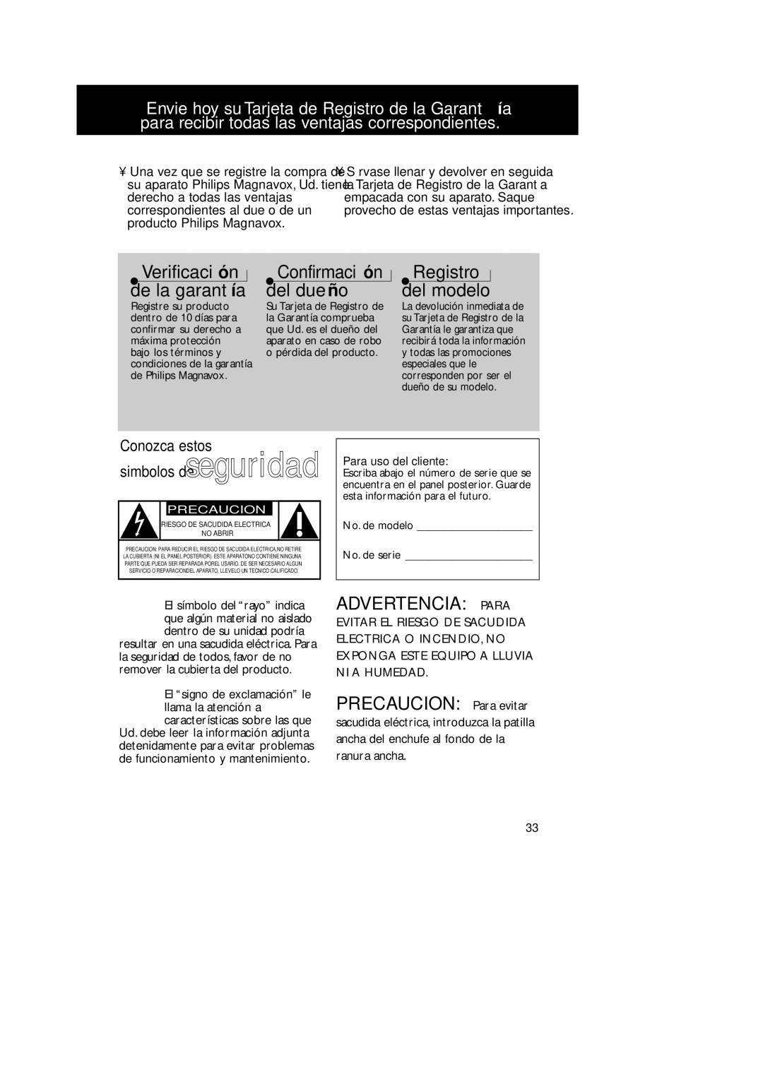 Magnavox AZ 2755 manual Advertencia Para, Para uso del cliente, No. de modelo No. de serie 