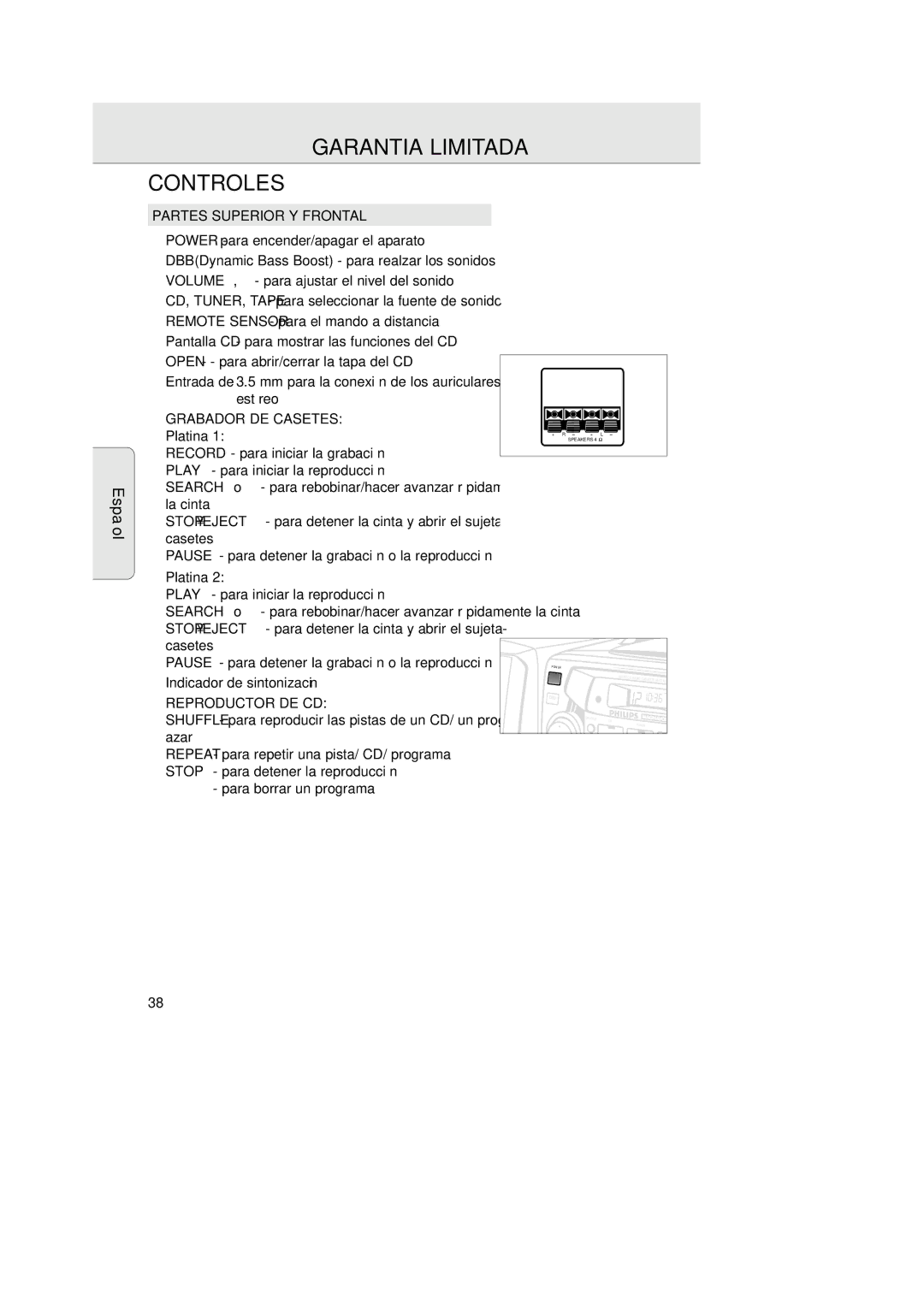 Magnavox AZ 2755 manual Garantia Limitada Controles, Partes Superior Y Frontal, Platina, Reproductor DE CD 