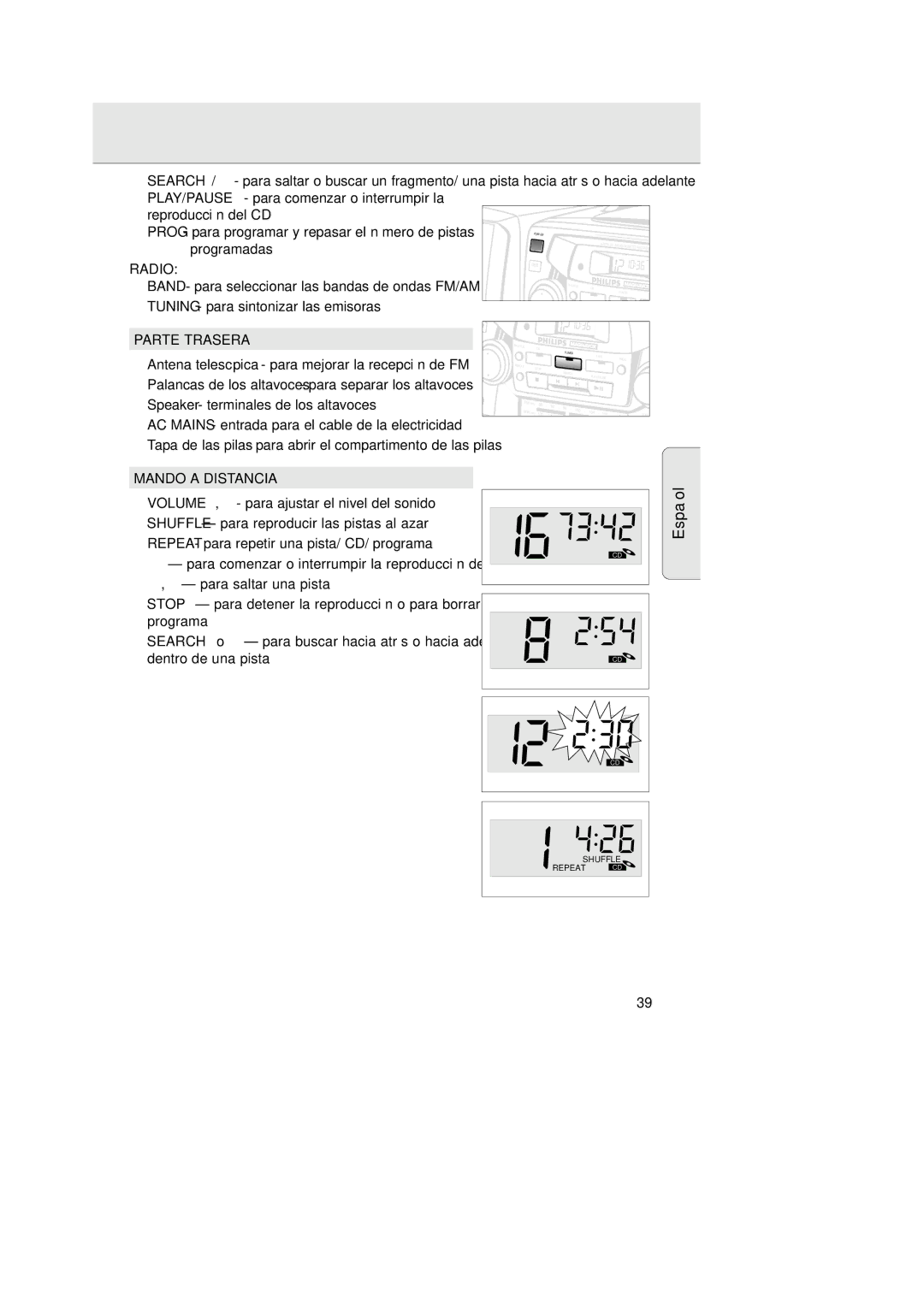 Magnavox AZ 2755 manual Programadas, Radio, # Tuning para sintonizar las emisoras, Parte Trasera, Mando a Distancia 