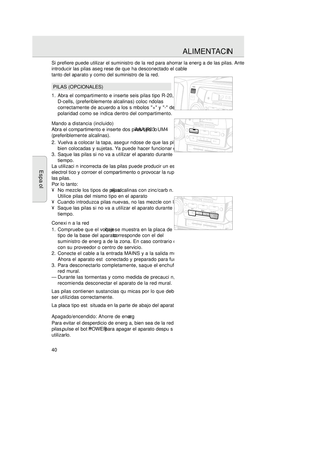 Magnavox AZ 2755 manual Alimentación, Pilas Opcionales, Mando a distancia incluido, Conexión a la red 