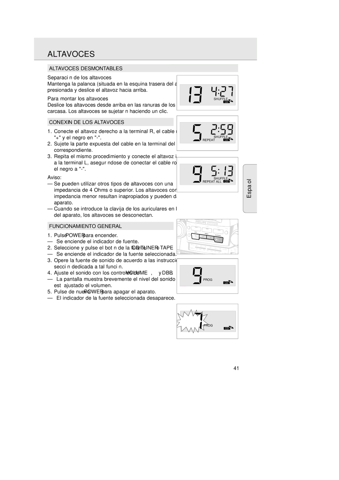 Magnavox AZ 2755 manual Altavoces Desmontables, Conexión DE LOS Altavoces, Aviso, Funcionamiento General 