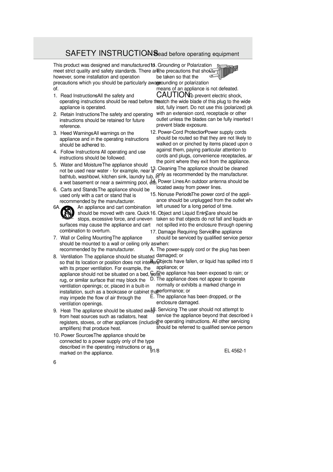 Magnavox AZ 2755 manual Safety Instructions Read before operating equipment, 6A. An appliance and cart combination 