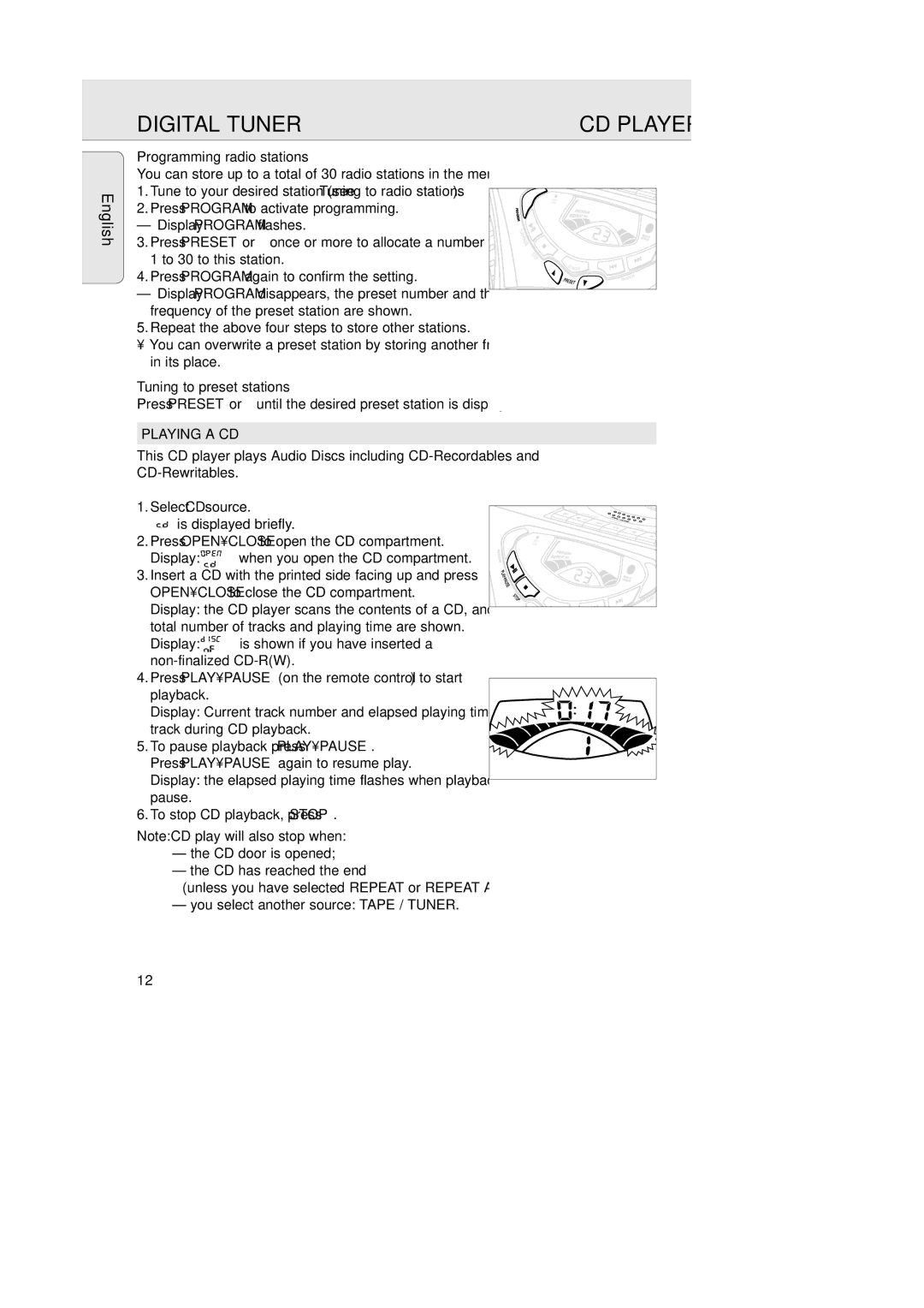 Magnavox AZ202517 manual Programming radio stations, Tuning to preset stations, Playing a CD 