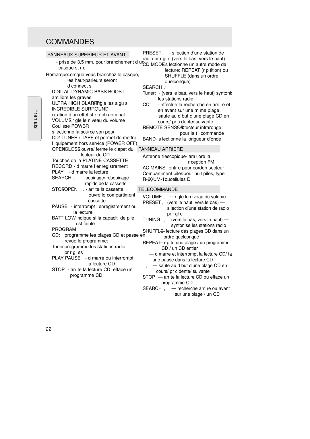 Magnavox AZ202517 manual Commandes, Français 