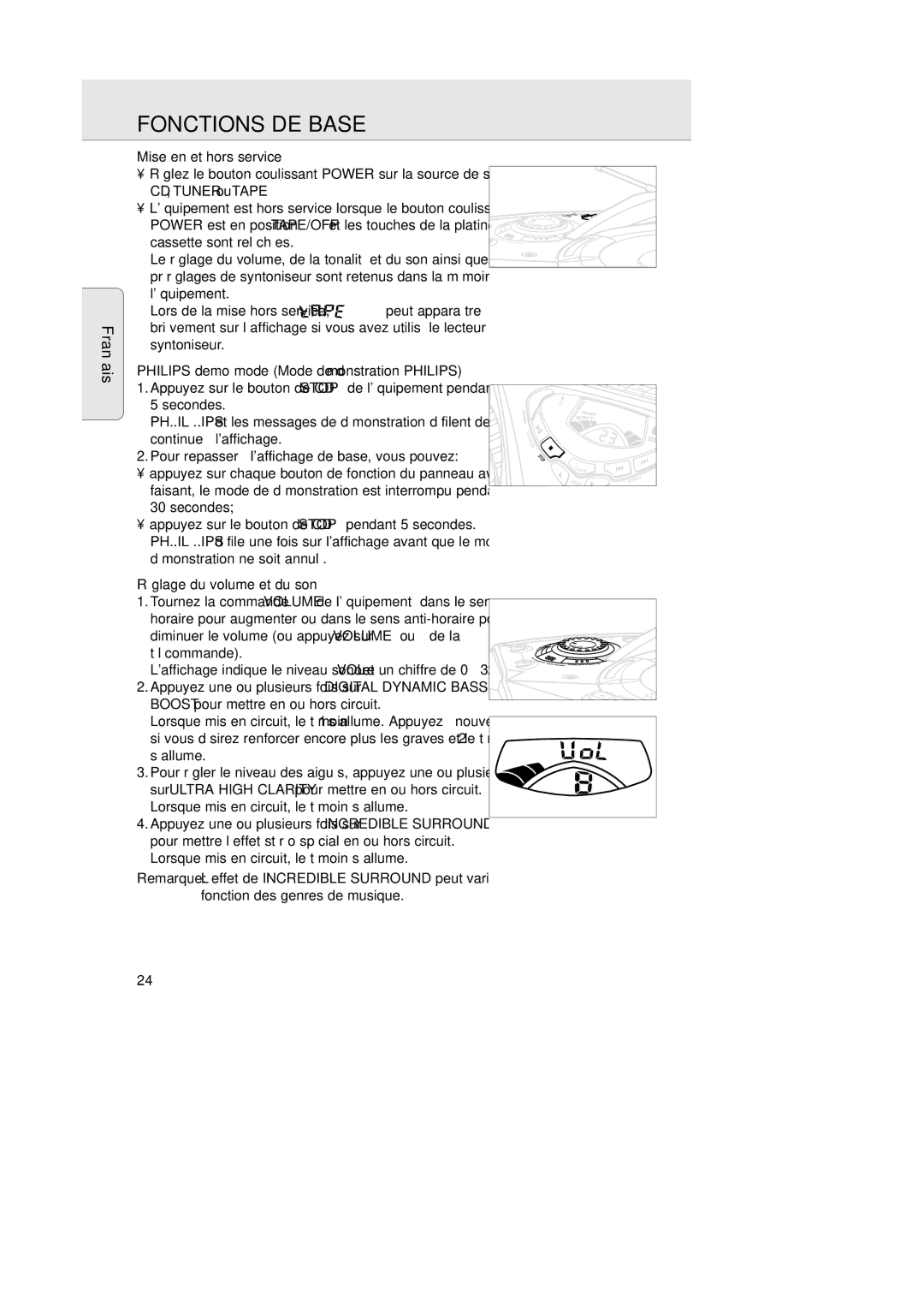 Magnavox AZ202517 manual Fonctions DE Base, Mise en et hors service, Réglage du volume et du son 