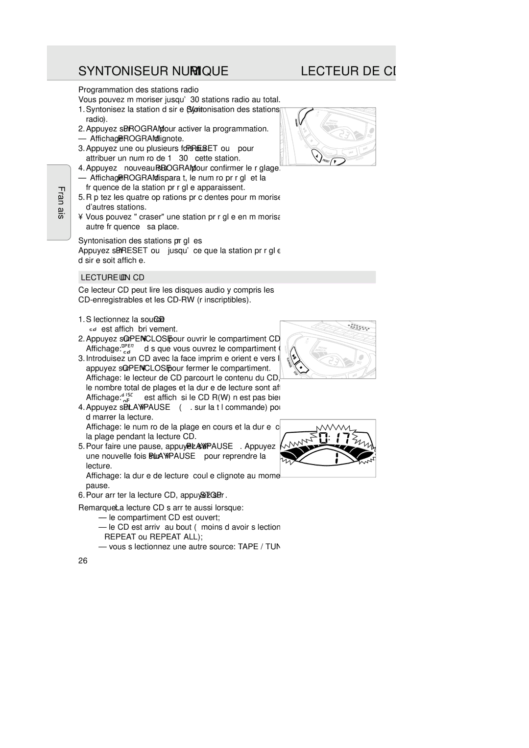 Magnavox AZ202517 Programmation des stations radio, Affichage Program clignote, Syntonisation des stations préréglées 