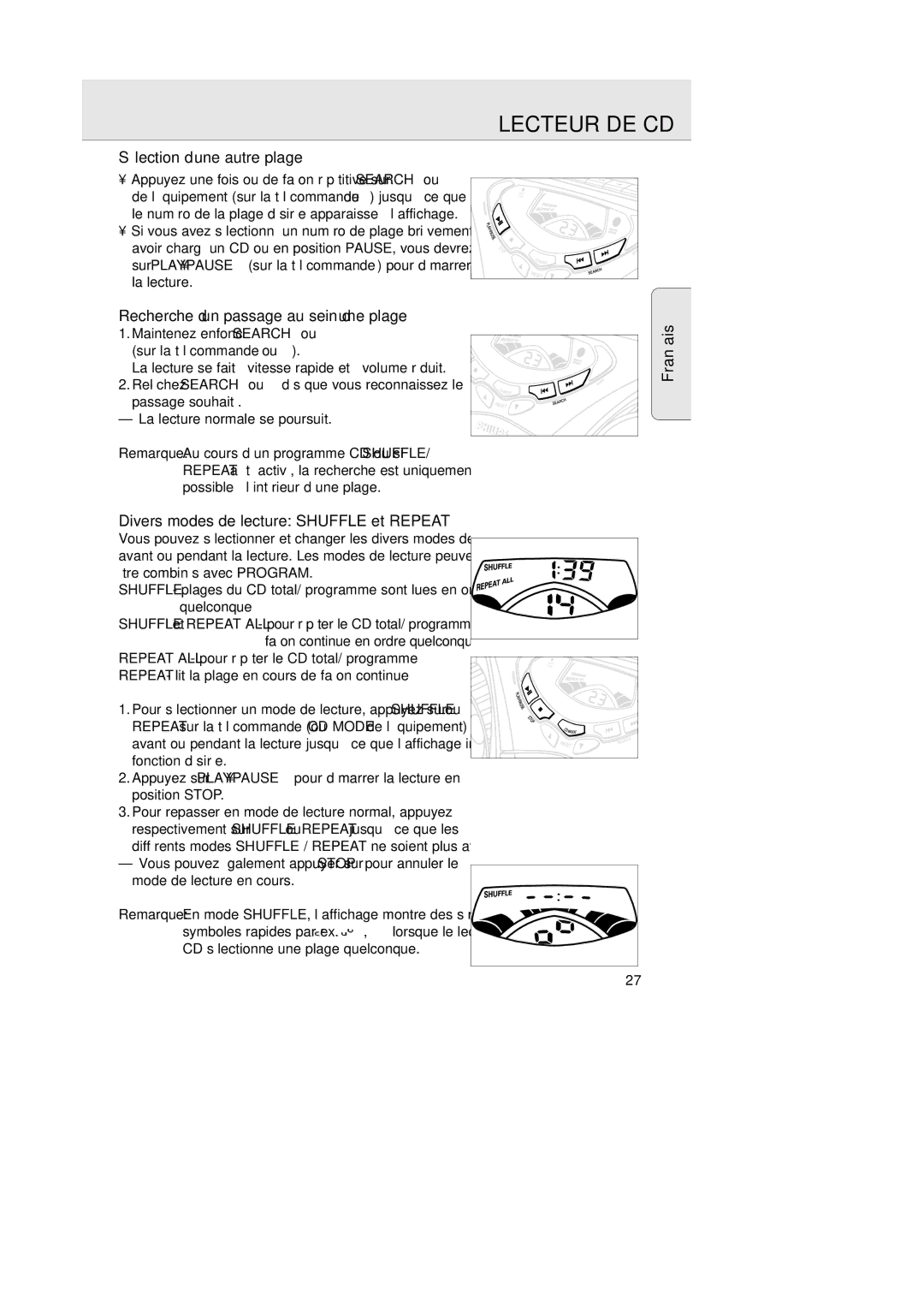 Magnavox AZ202517 manual Lecteur DE CD, Sélection d’une autre plage, Recherche d’un passage au sein d’une plage 