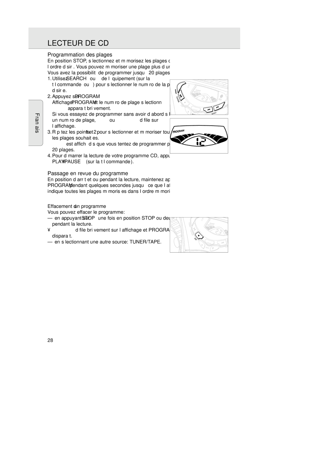 Magnavox AZ202517 manual Français Programmation des plages, Passage en revue du programme, Effacement d’un programme 