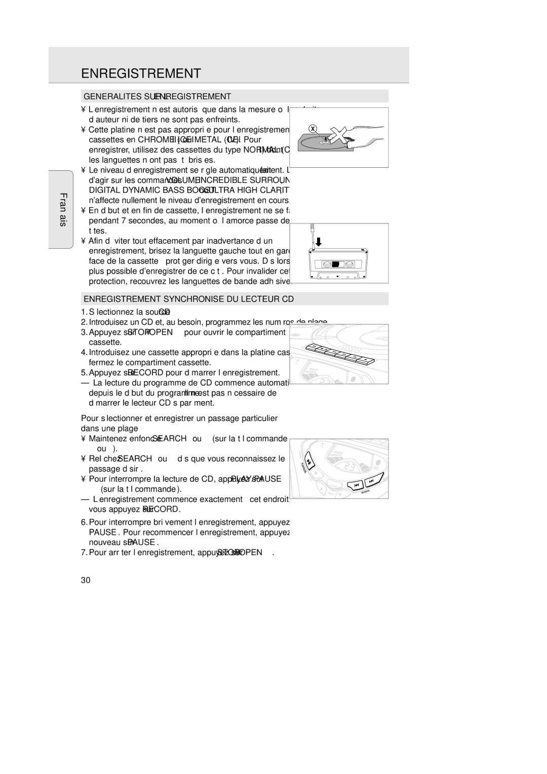 Magnavox AZ202517 manual Generalites SUR L’ENREGISTREMENT, Enregistrement Synchronise DU Lecteur CD 