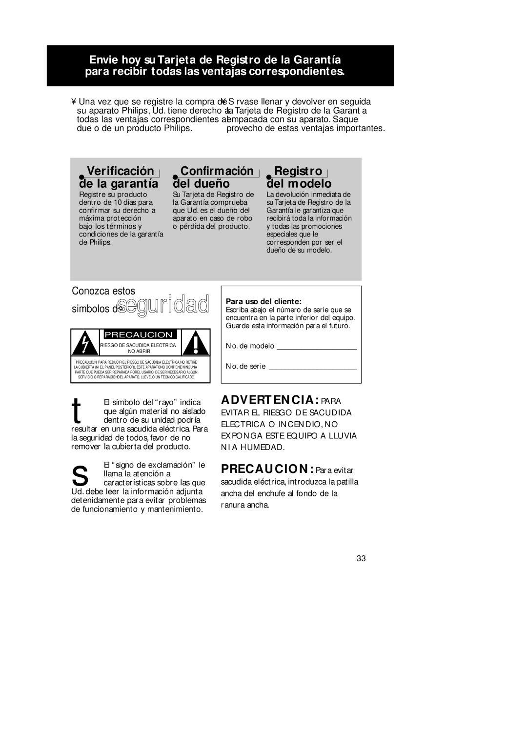 Magnavox AZ202517 manual Advertencia Para, Para uso del cliente, No. de modelo No. de serie 