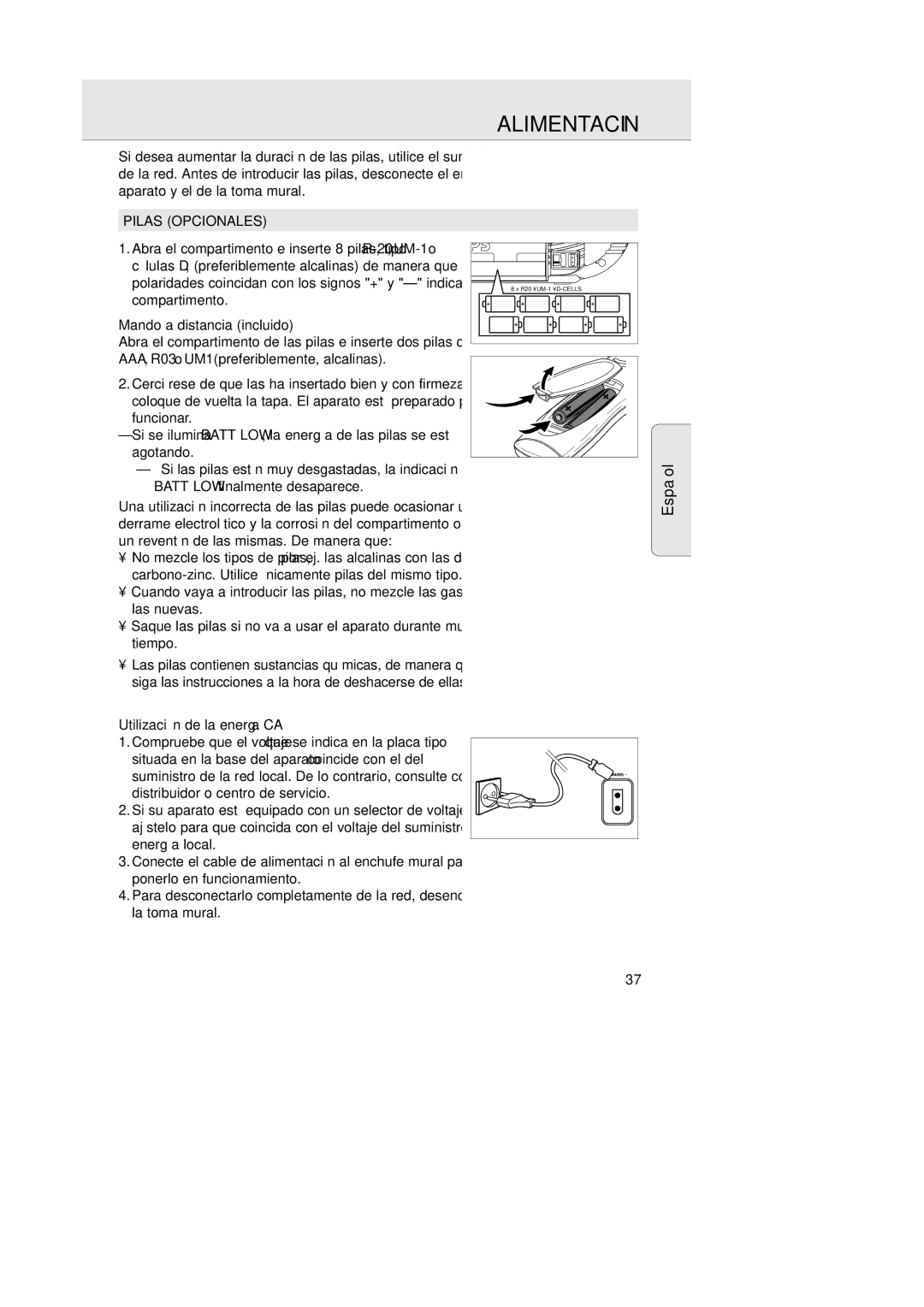 Magnavox AZ202517 manual Alimentación, Pilas Opcionales, Mando a distancia incluido, Utilización de la energía CA 