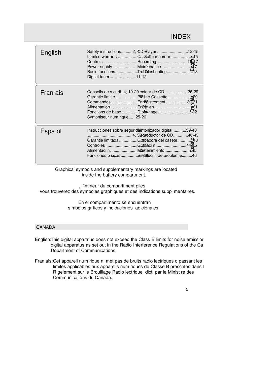 Magnavox AZ202517 manual Index, English, Français Español, 11-12, 25-26 