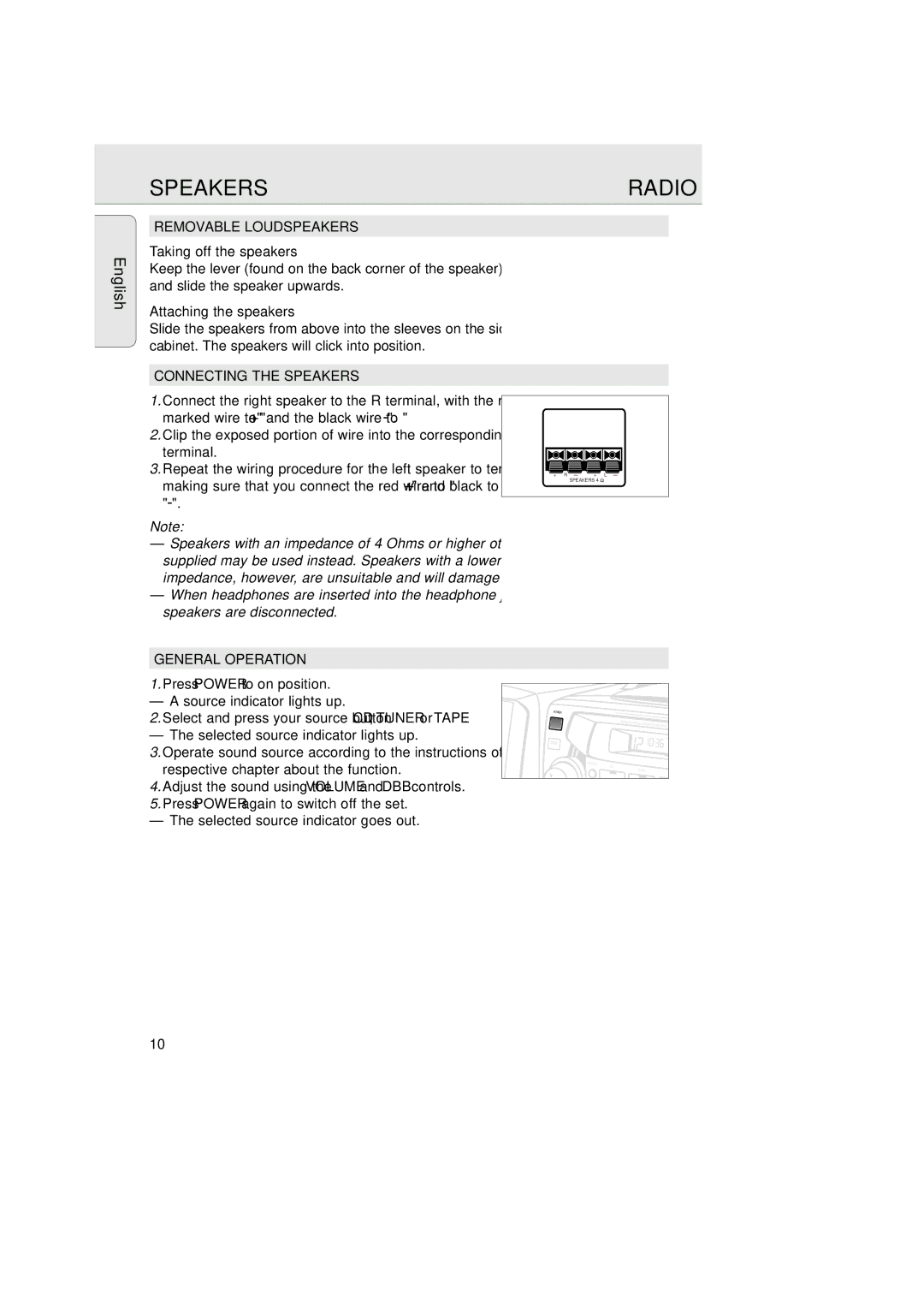 Magnavox AZ2750 manual Radio, Removable Loudspeakers, Connecting the Speakers, General Operation 