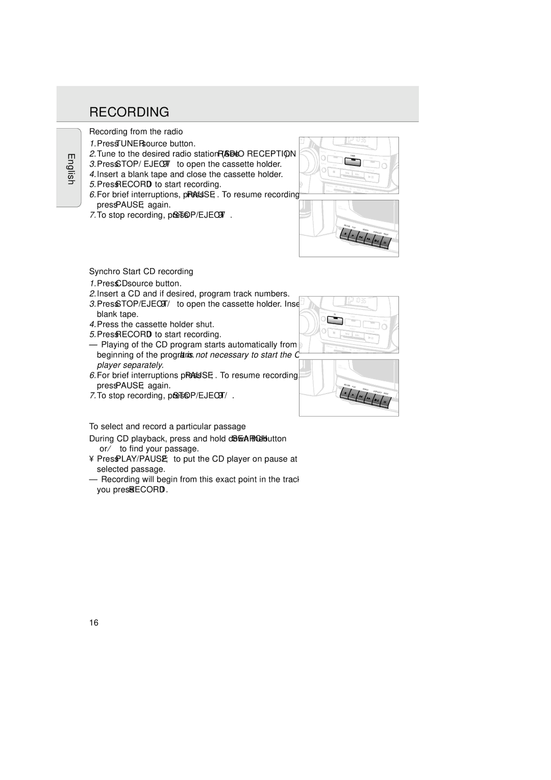 Magnavox AZ2750 manual Recording from the radio, Synchro Start CD recording, To select and record a particular passage 