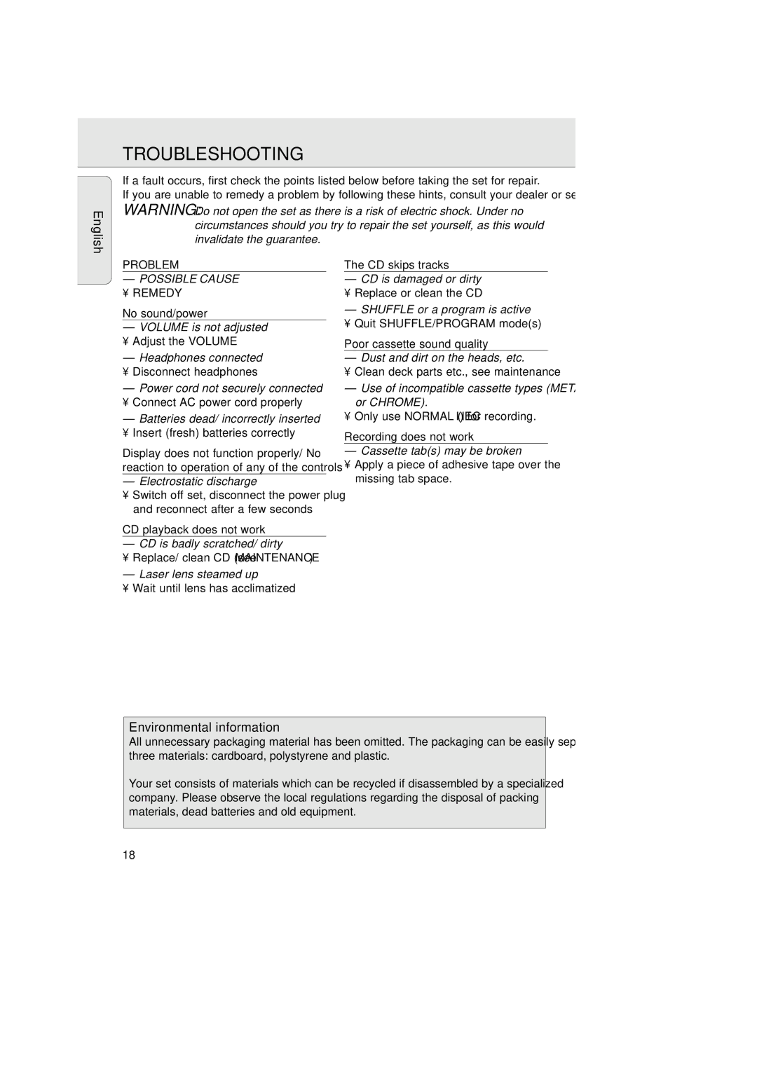 Magnavox AZ2750 manual Troubleshooting, Environmental information, Problem 