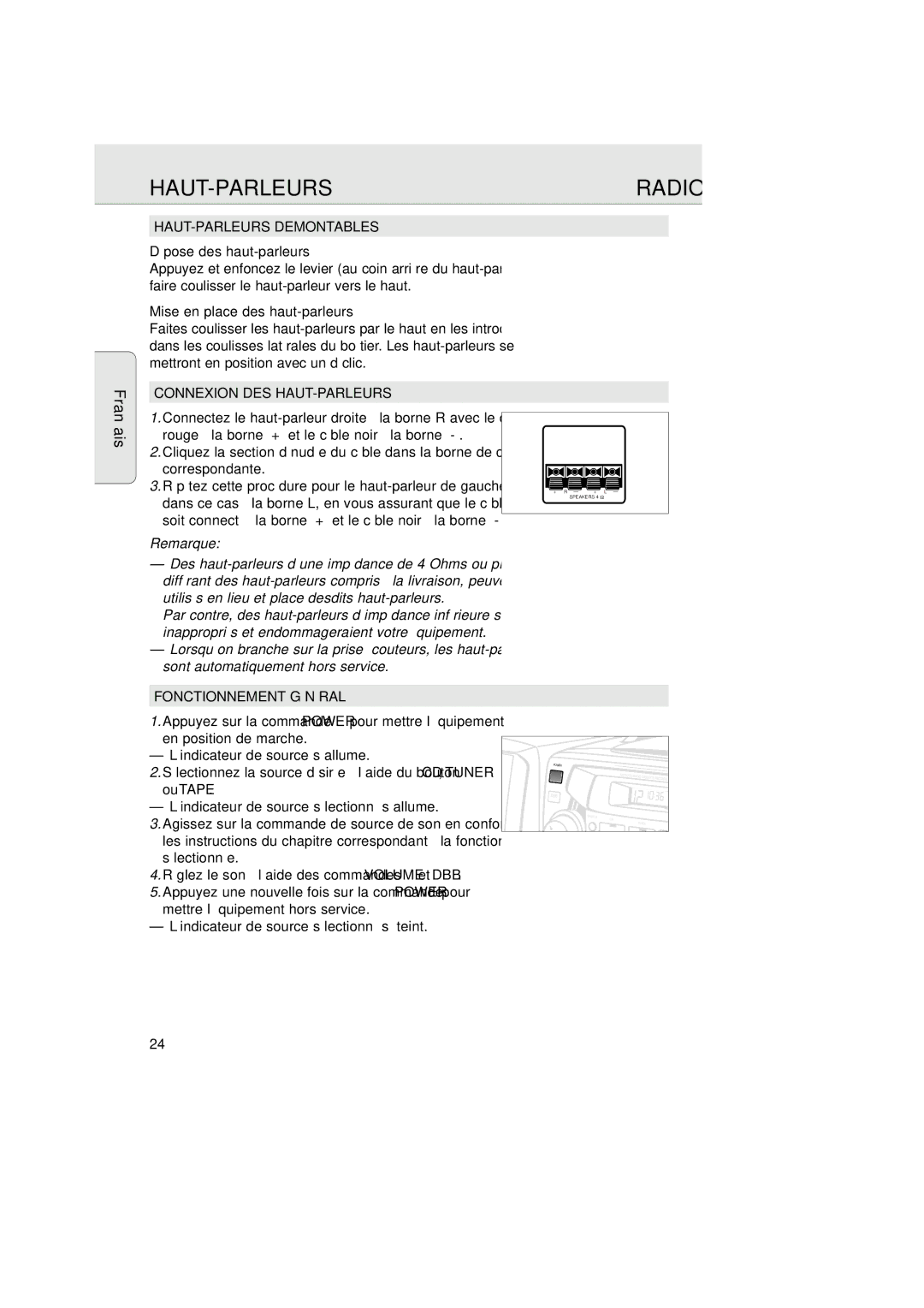 Magnavox AZ2750 manual Haut-Parleurs, HAUT-PARLEURS Demontables, Connexion DES HAUT-PARLEURS, Fonctionnement Général 