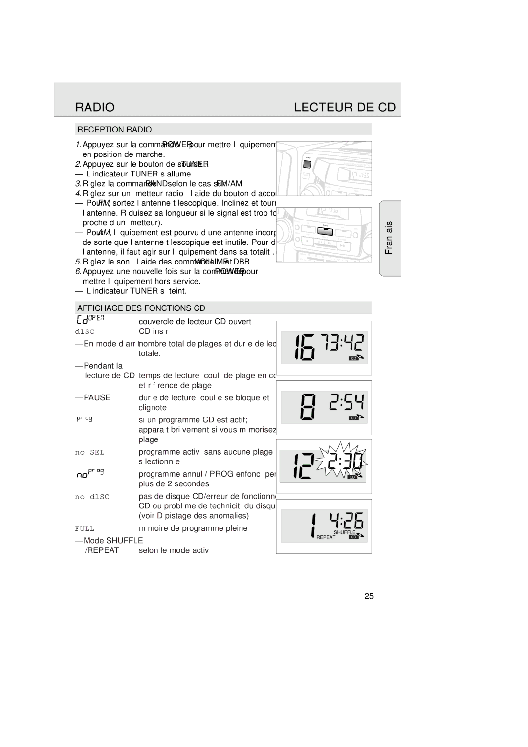 Magnavox AZ2750 manual Reception Radio, Affichage DES Fonctions CD, Pendant la, Mode Shuffle 