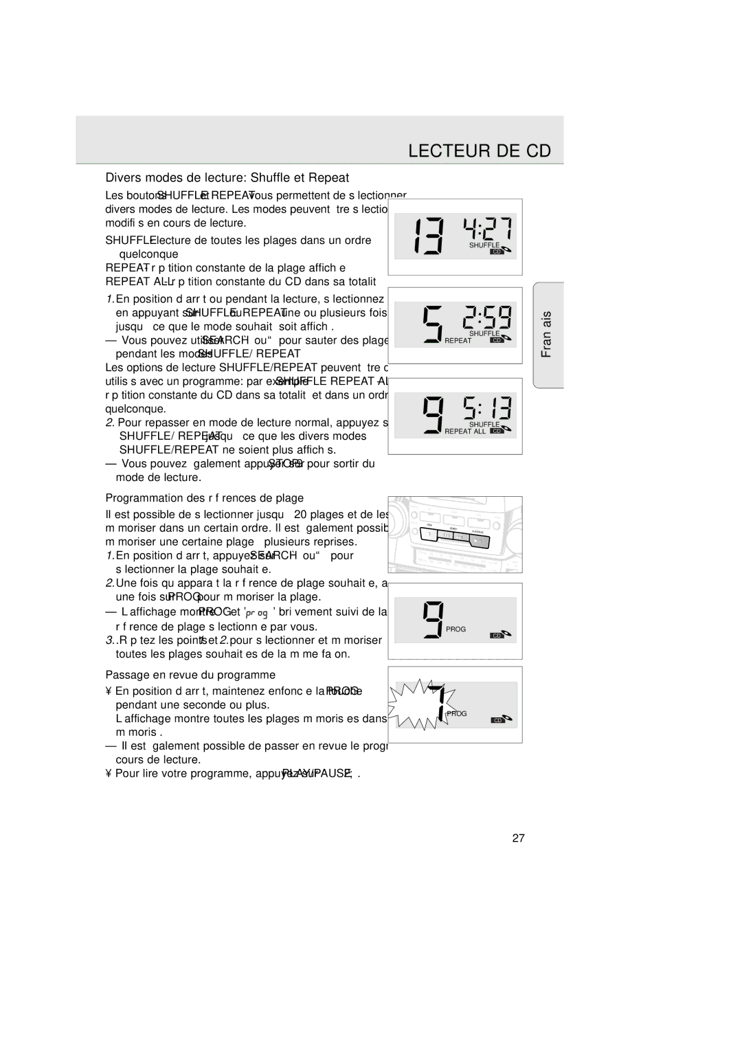 Magnavox AZ2750 manual Divers modes de lecture Shuffle et Repeat, Programmation des références de plage 