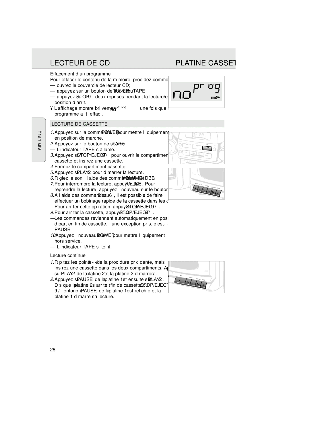 Magnavox AZ2750 manual Effacement d’un programme, Lecture DE Cassette, Lecture continue 