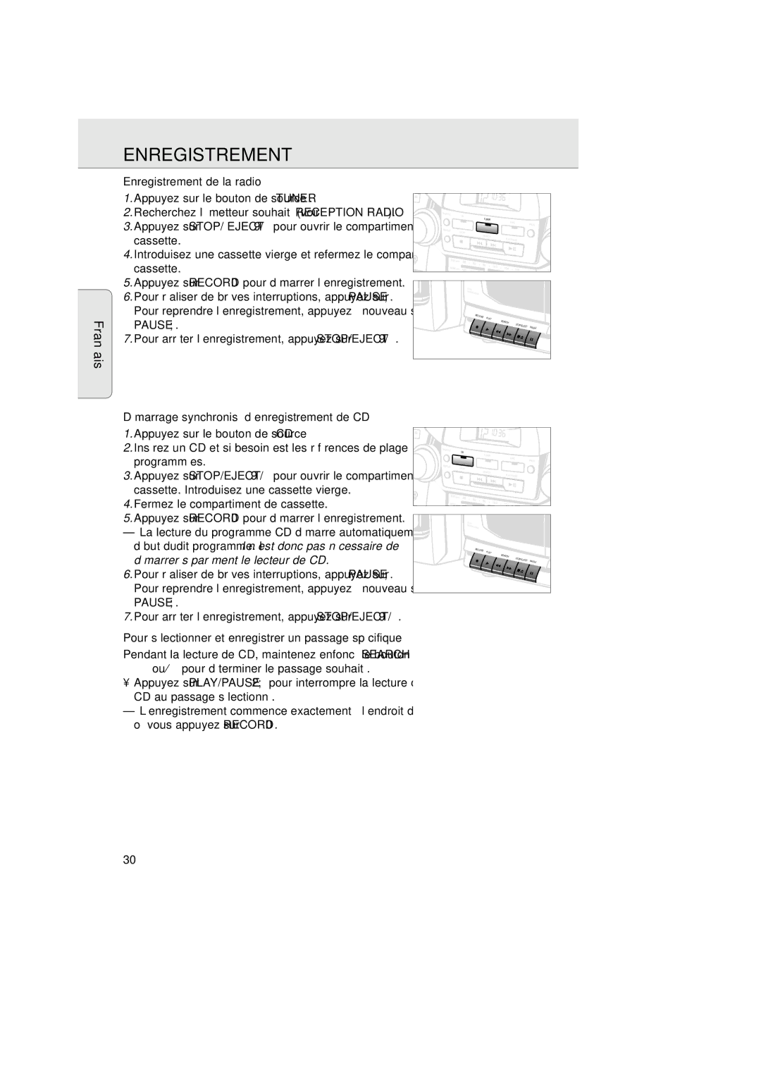 Magnavox AZ2750 manual Enregistrement de la radio, Cassette, Démarrage synchronisé d’enregistrement de CD 