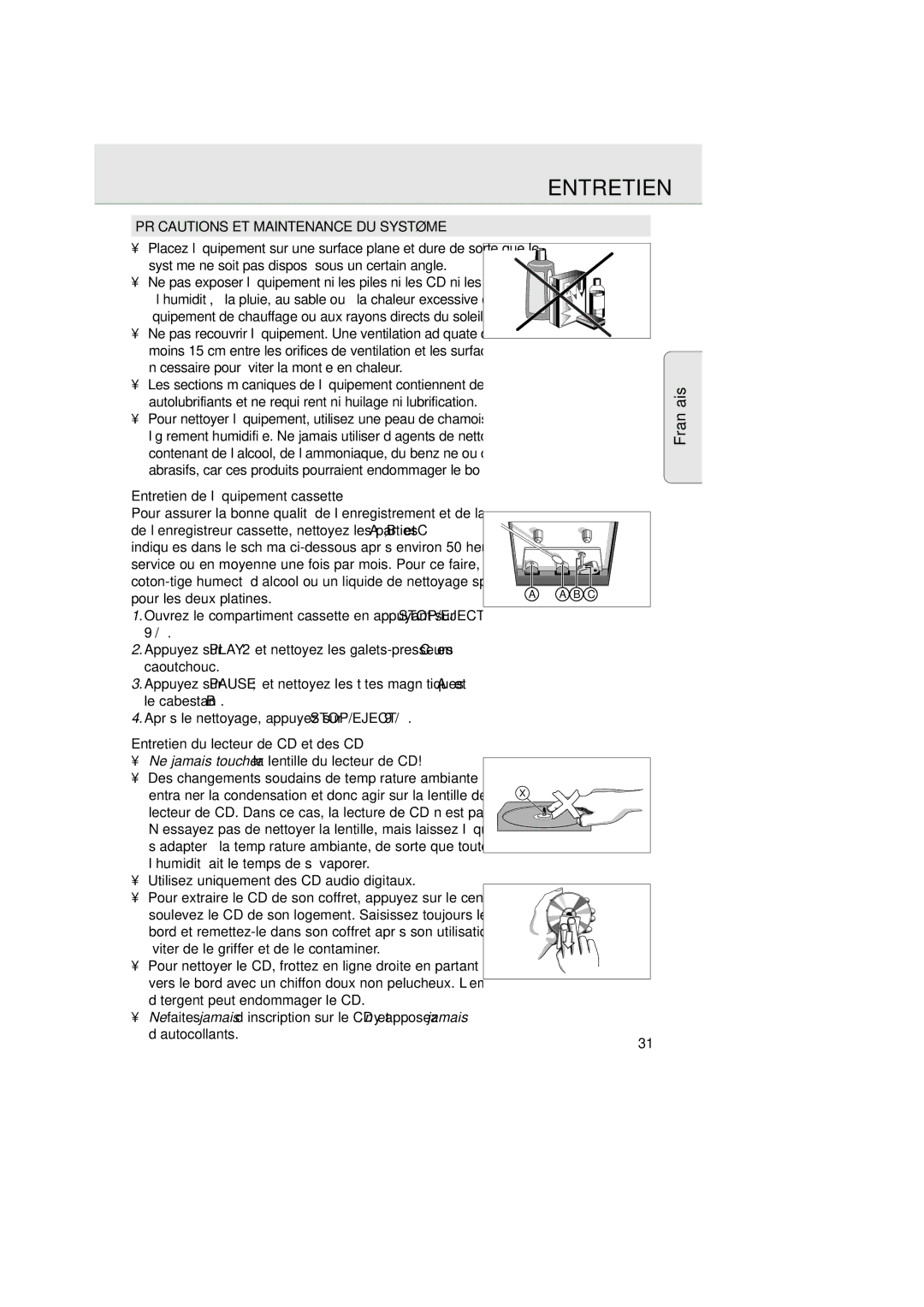 Magnavox AZ2750 manual Précautions ET Maintenance DU Système, Entretien de l’équipement cassette 