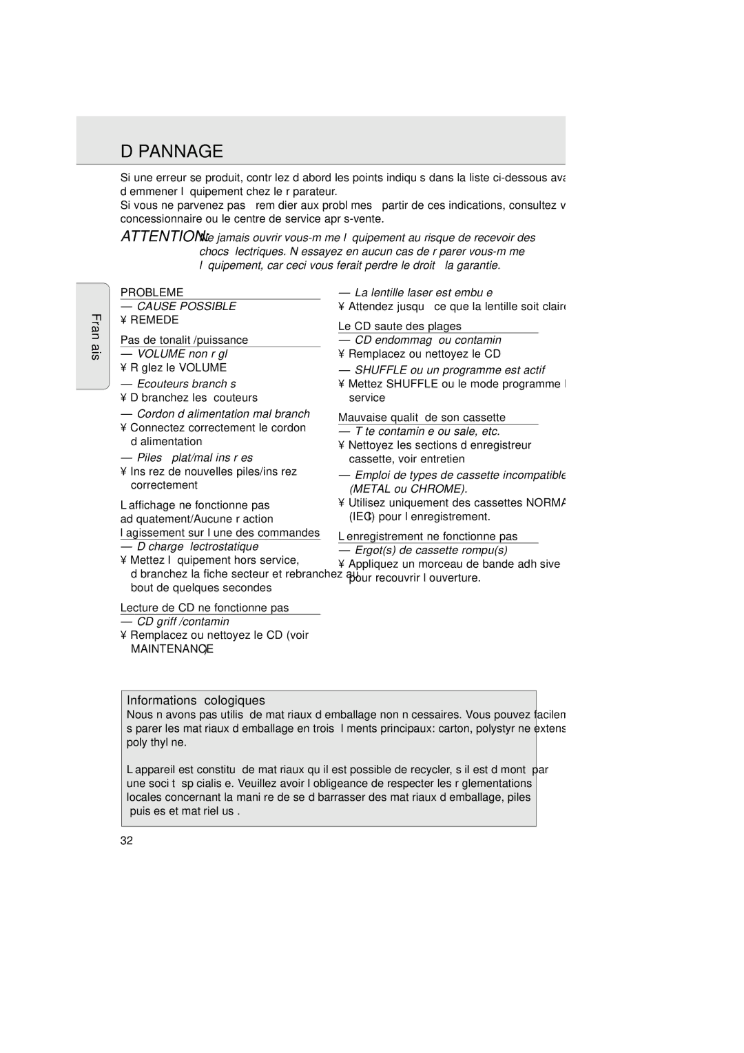 Magnavox AZ2750 manual Dépannage, Informations écologiques, Maintenance 