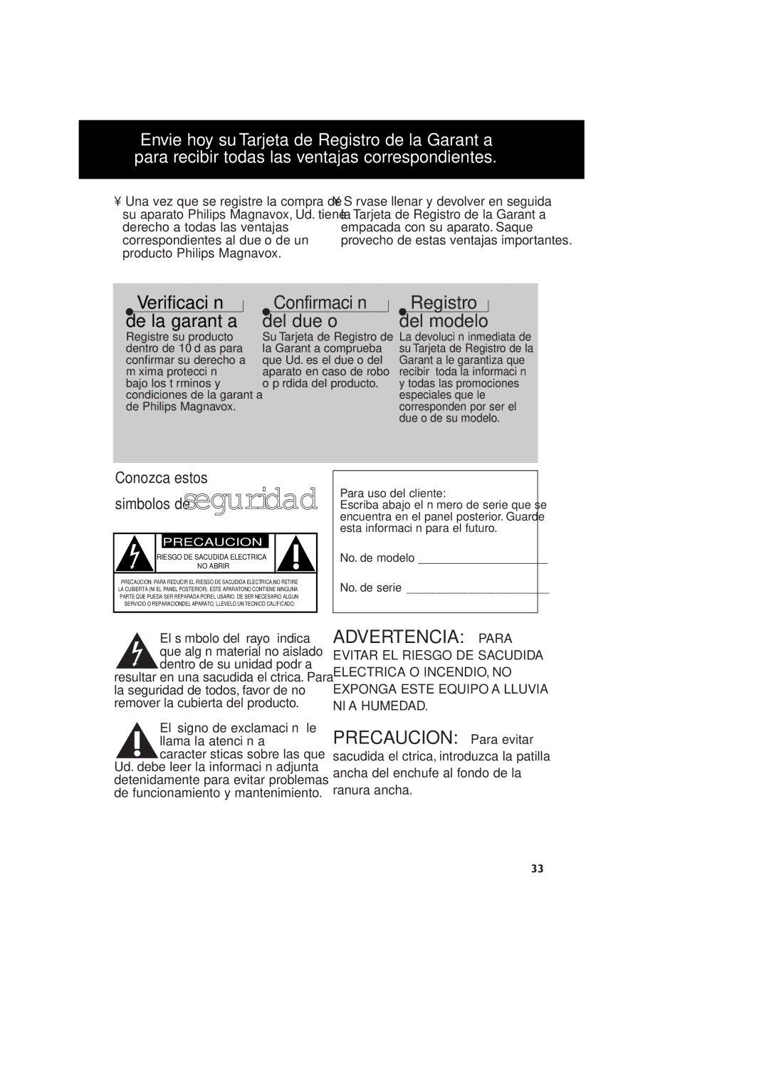 Magnavox AZ2750 manual Advertencia Para, Para uso del cliente, No. de modelo No. de serie 