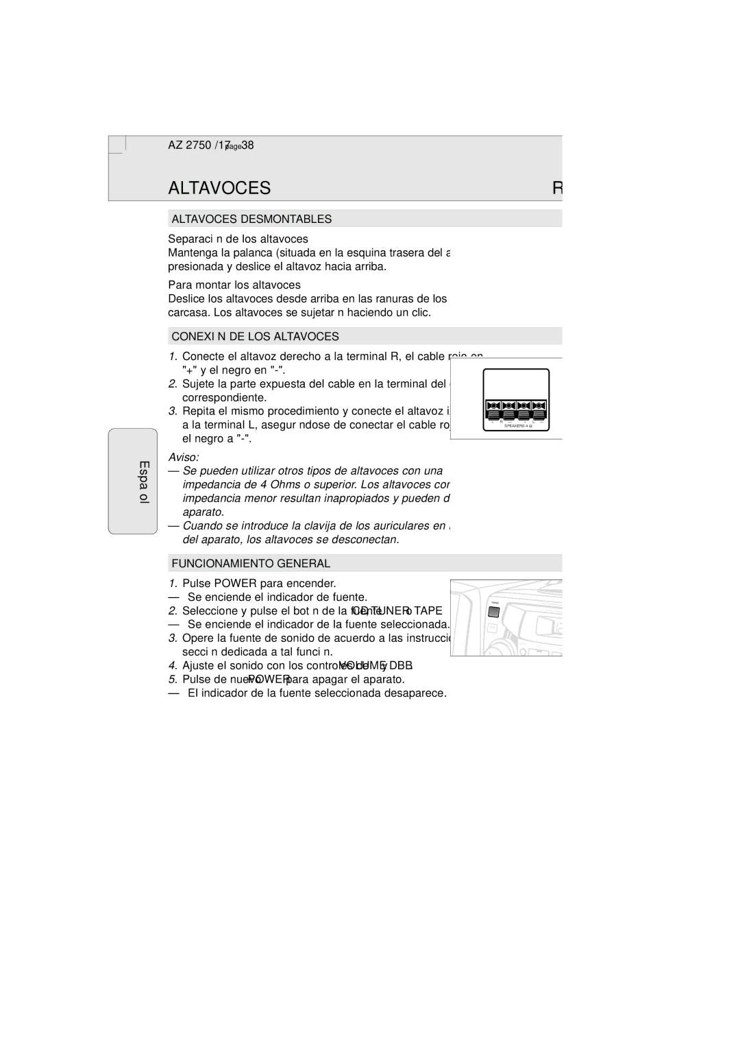 Magnavox AZ2750 manual Altavoces Desmontables, Conexión DE LOS Altavoces, Funcionamiento General 