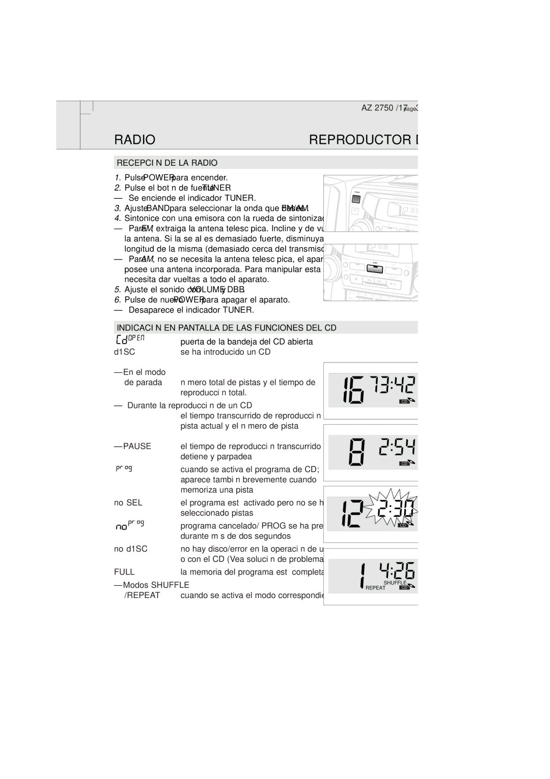 Magnavox AZ2750 manual Radio Reproductor DE CD, Recepción DE LA Radio, Repeat 