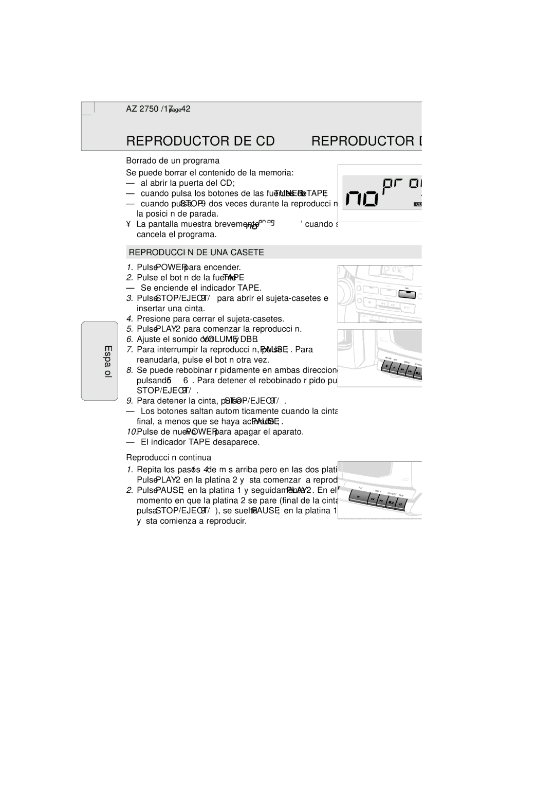 Magnavox AZ2750 manual Borrado de un programa, Reproducción DE UNA Casete, Stop/Eject, Reproducción continua 