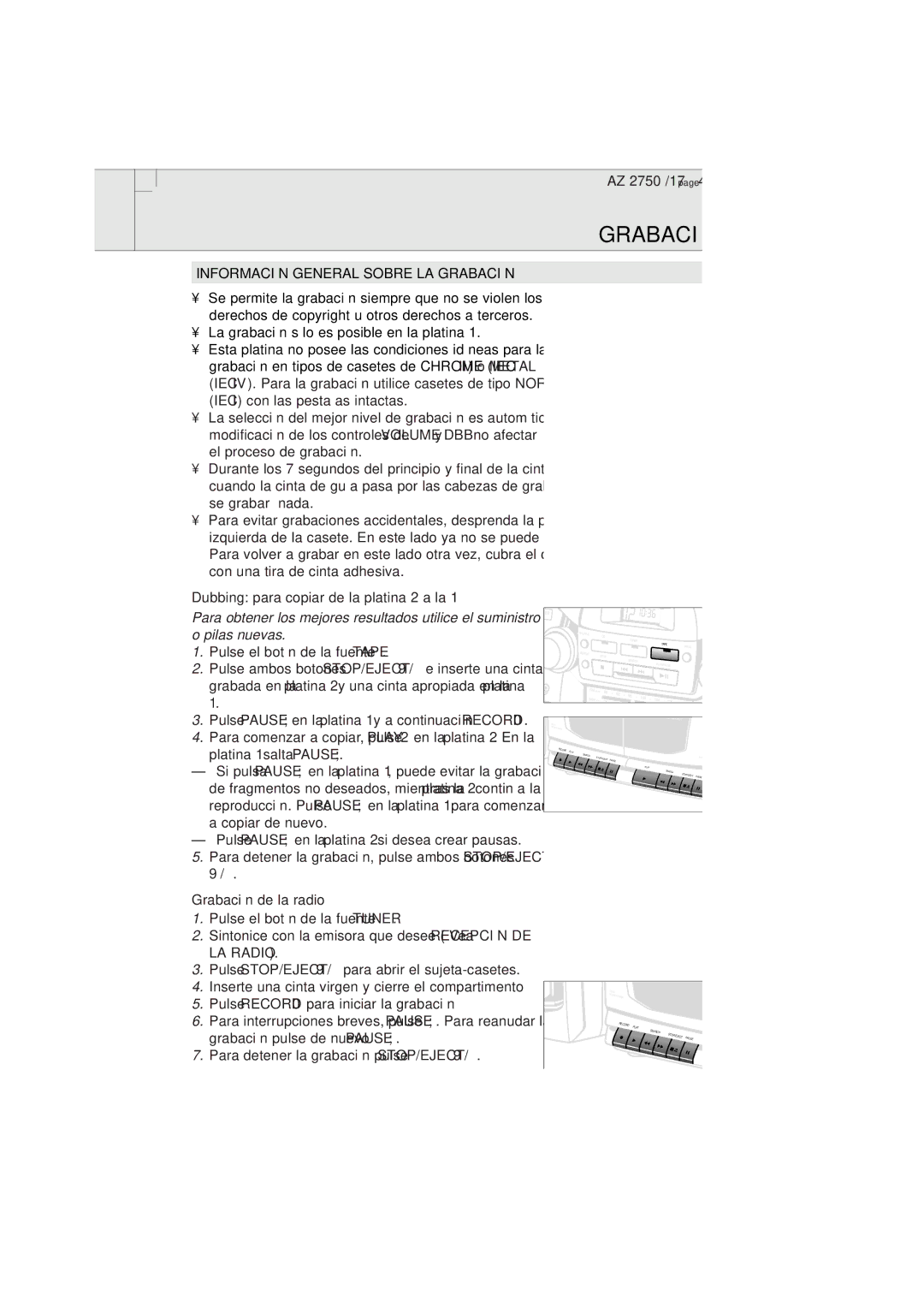 Magnavox AZ2750 manual Información General Sobre LA Grabación, Dubbing para copiar de la platina 2 a la 