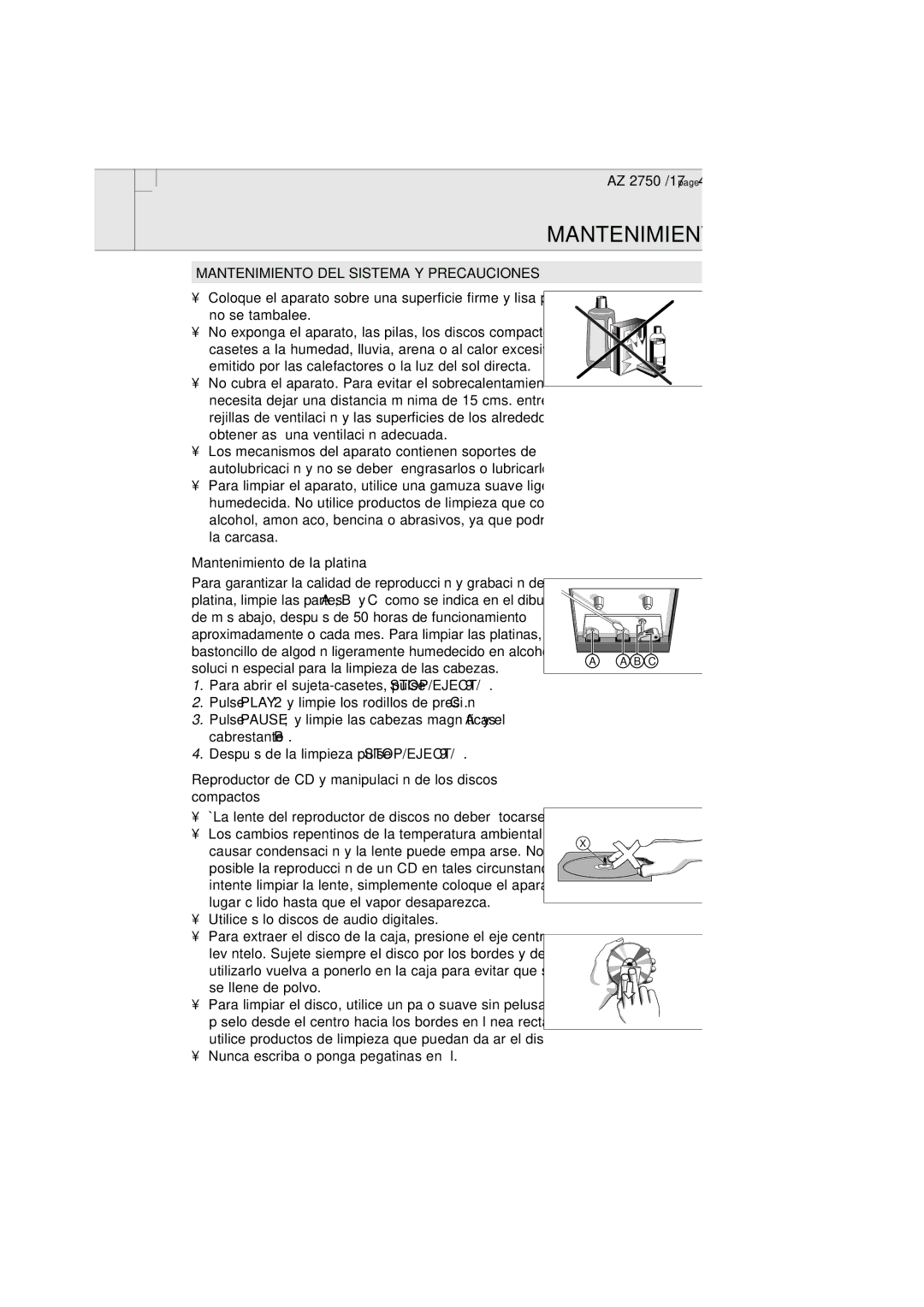 Magnavox AZ2750 manual Mantenimiento DEL Sistema Y Precauciones, Mantenimiento de la platina 