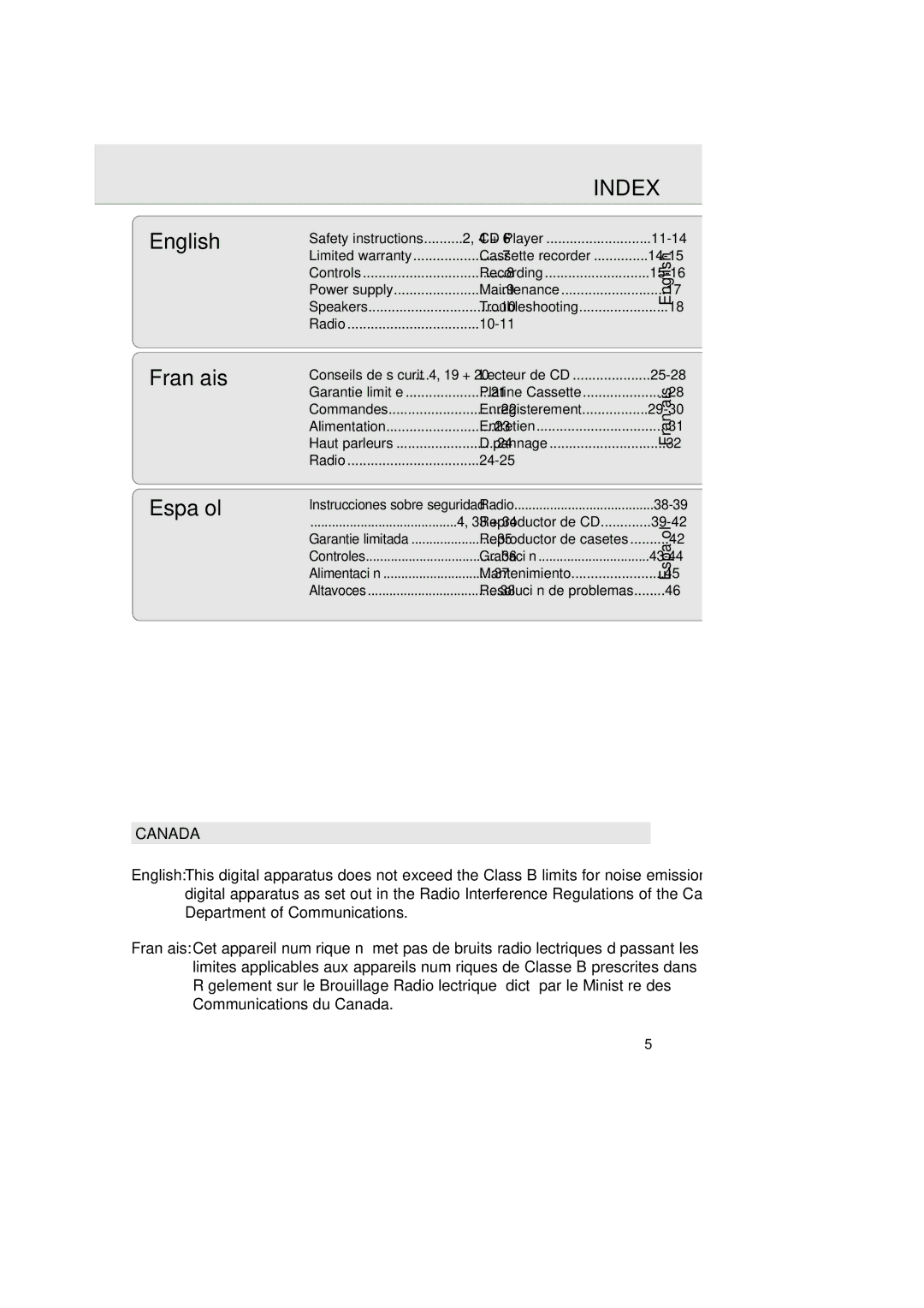 Magnavox AZ2750 manual Index, English, Français, Español 