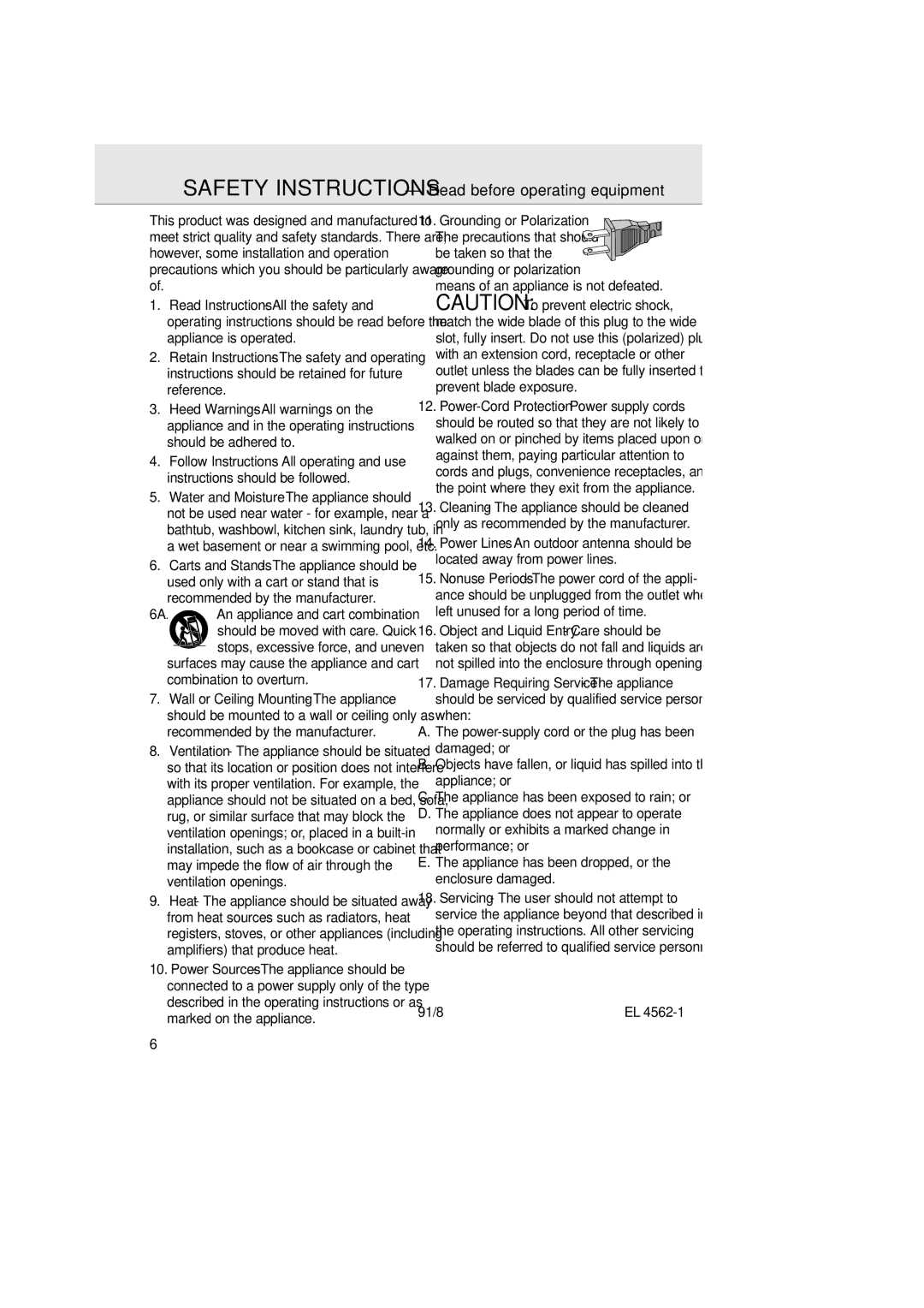 Magnavox AZ2750 manual Safety Instructions Read before operating equipment, 6A. An appliance and cart combination 