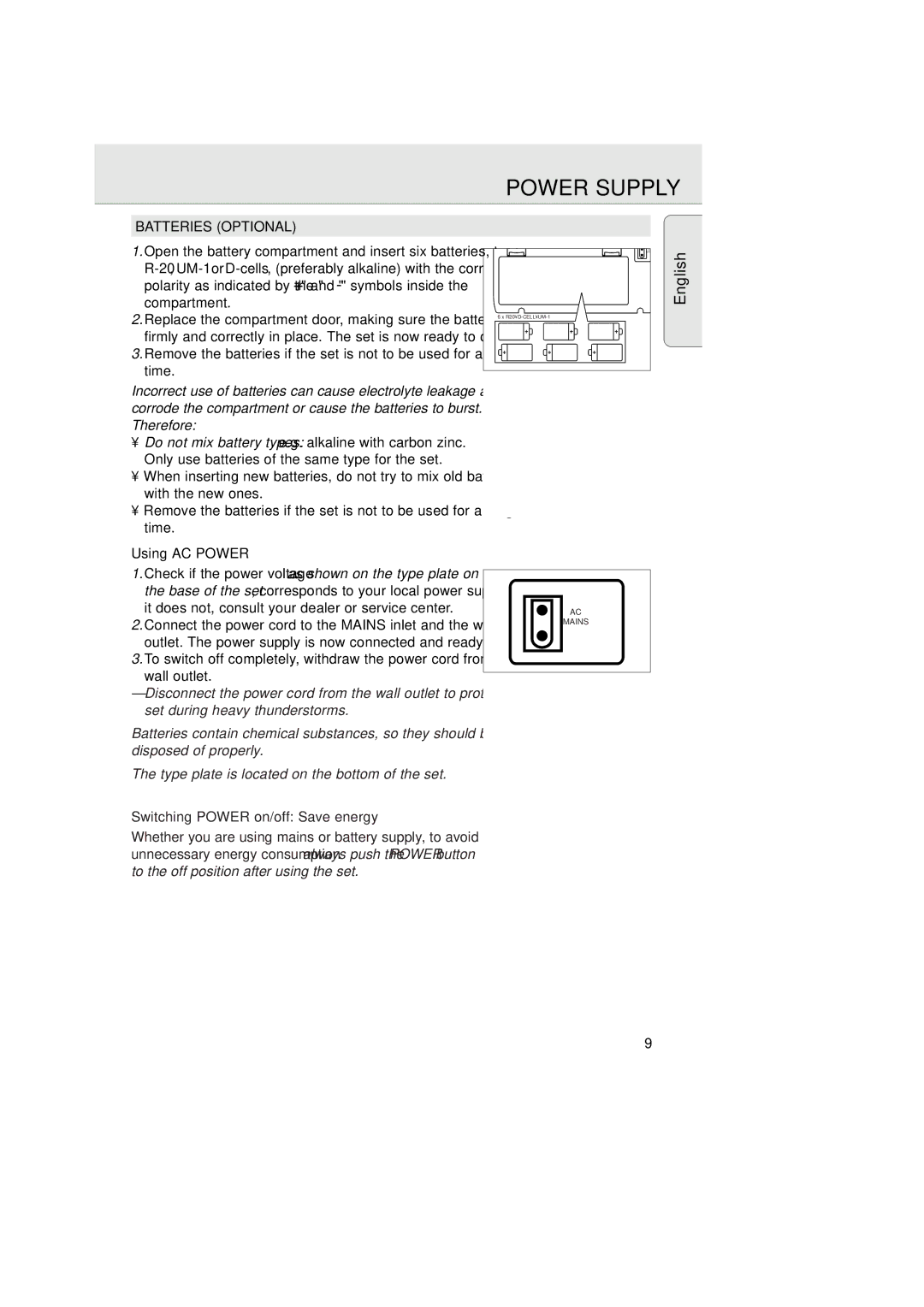 Magnavox AZ2750 manual Power Supply, Batteries Optional, Using AC Power, English, Switching Power on/off Save energy 