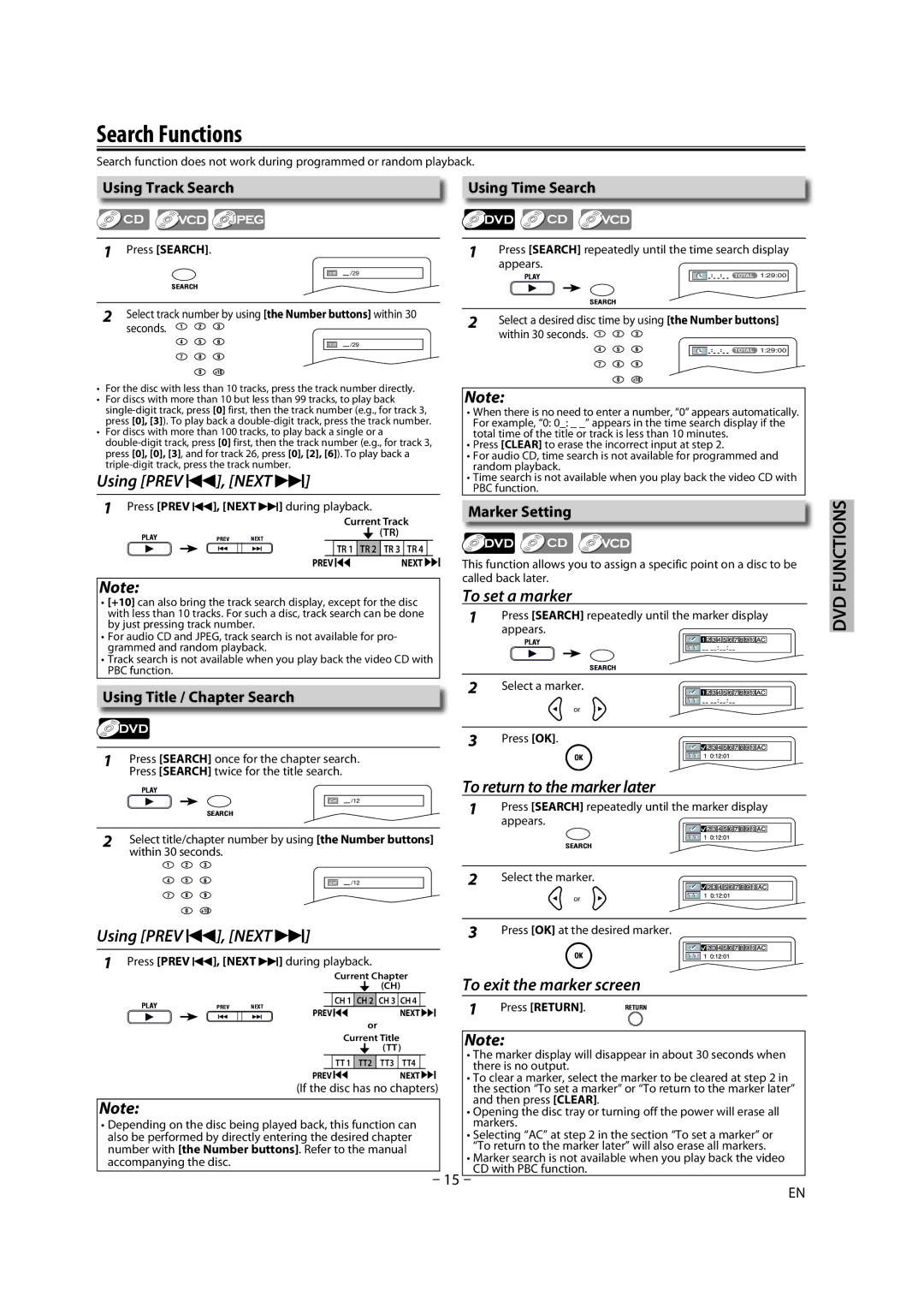 Magnavox BDP170MW8 Search Functions, Using Track Search, Using Time Search, Marker Setting, Using Title / Chapter Search 