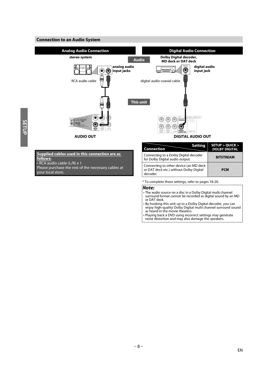 Magnavox BDP170MW8 owner manual Connection to an Audio System, Stereo system, Analog audio, Digital audio 