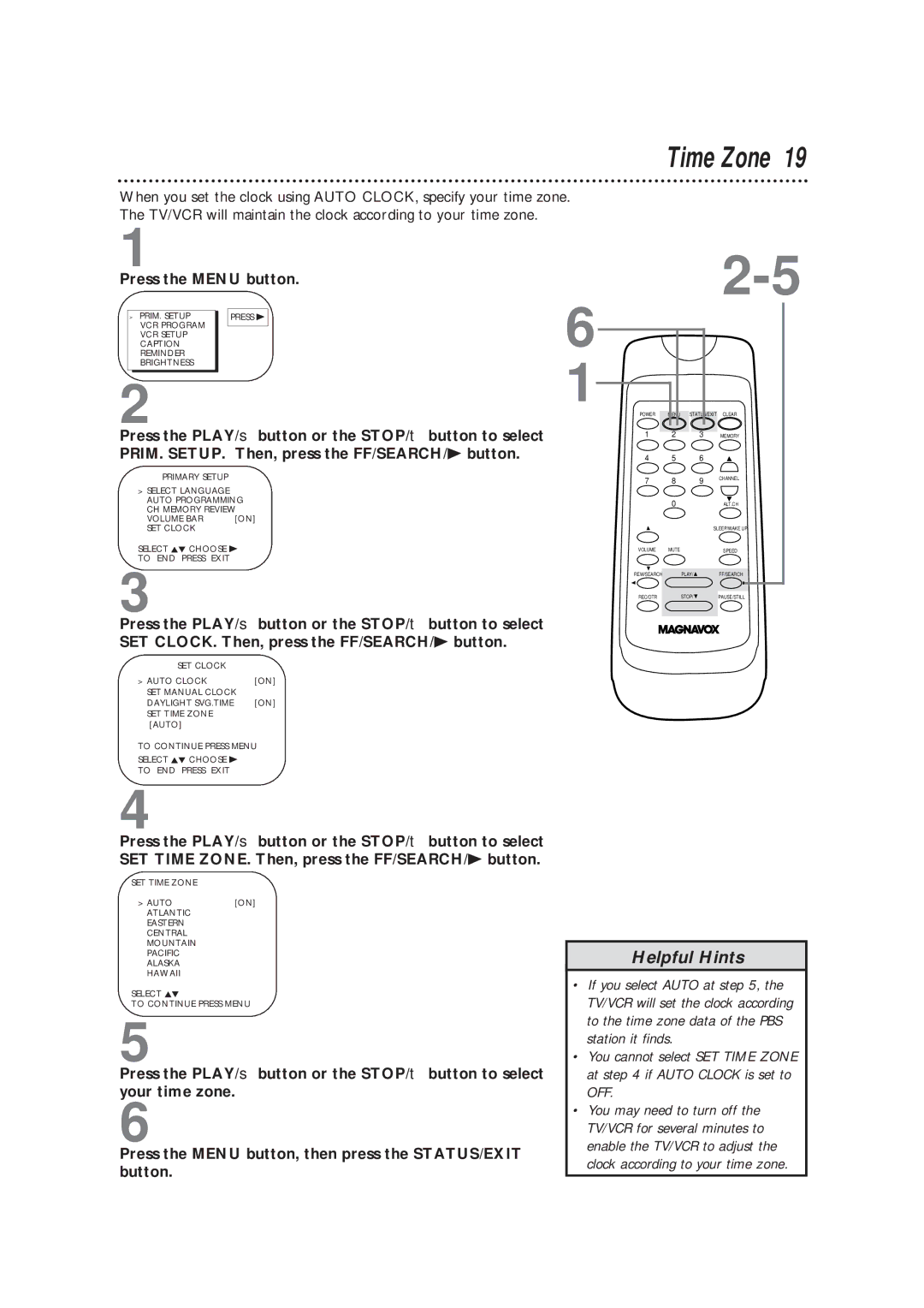 Magnavox CC13B1MG owner manual Time Zone 