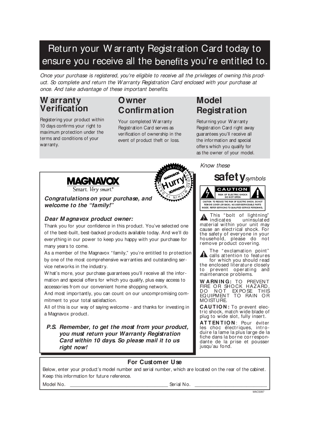 Magnavox CC13B1MG owner manual Warranty Verification, For Customer Use 