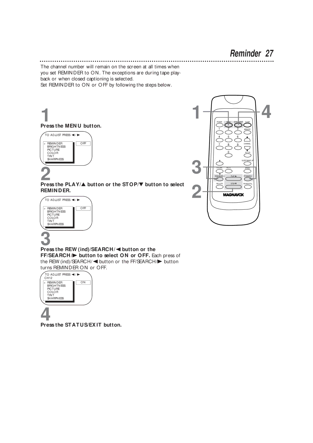 Magnavox CC13B1MG owner manual Reminder 