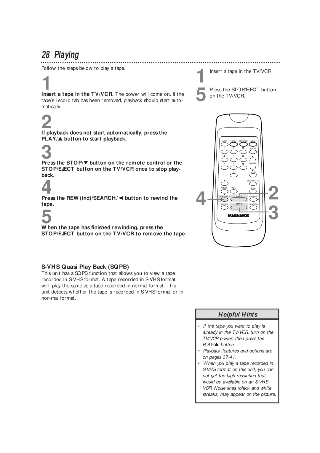 Magnavox CC13B1MG owner manual Playing, VHS Quasi Play Back Sqpb 