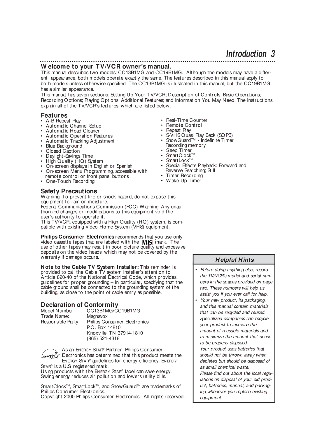 Magnavox CC13B1MG owner manual Introduction, Features, Safety Precautions, Declaration of Conformity 