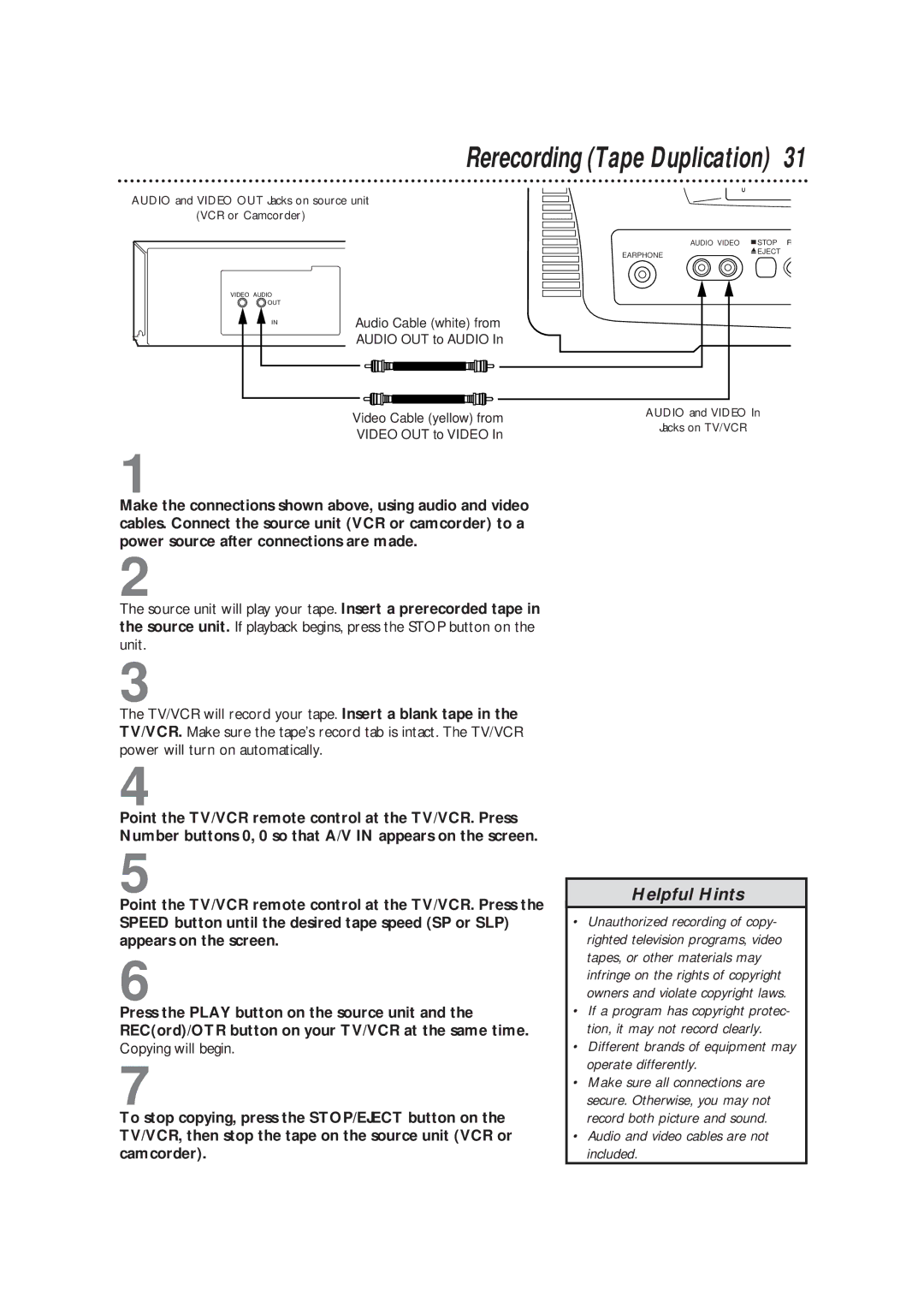 Magnavox CC13B1MG owner manual Rerecording Tape Duplication, Different brands of equipment may operate differently 