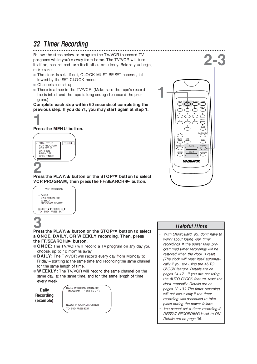 Magnavox CC13B1MG owner manual Timer Recording, Daily 