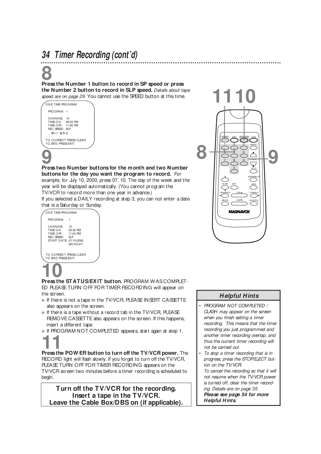 Magnavox CC13B1MG owner manual 1110, Timer Recording cont’d 