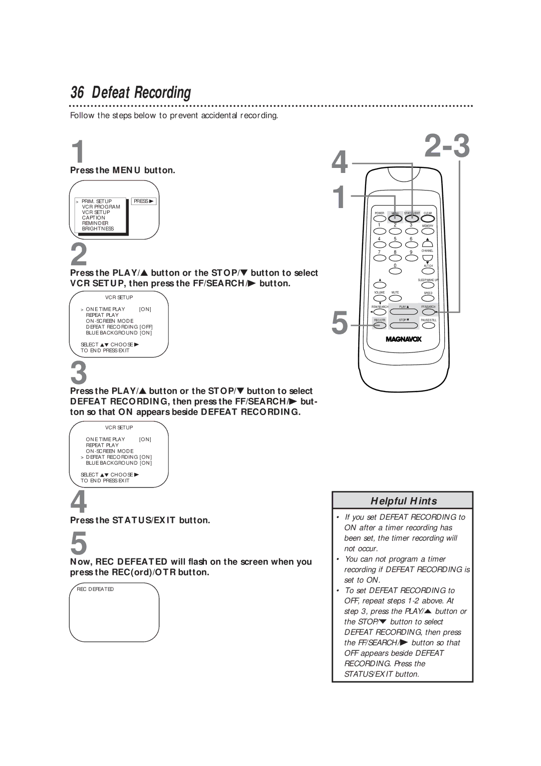 Magnavox CC13B1MG owner manual Defeat Recording, REC Defeated 