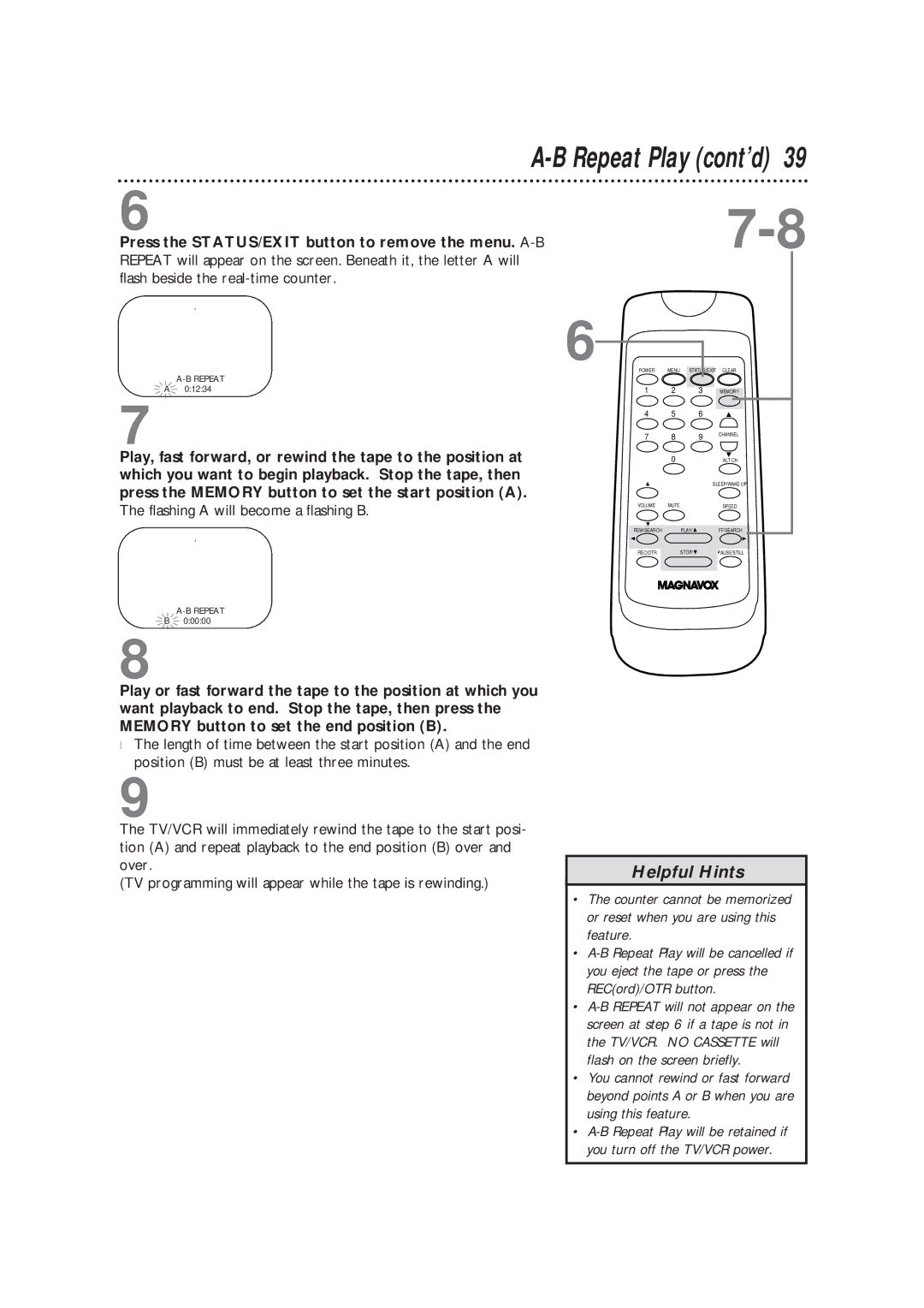 Magnavox CC13B1MG owner manual Repeat Play cont’d, Press the STATUS/EXIT button to remove the menu. A-B 