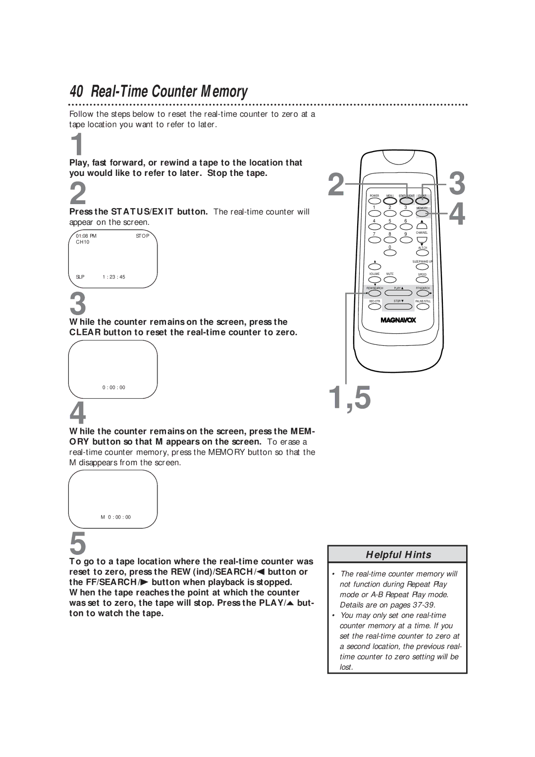 Magnavox CC13B1MG owner manual Real-Time Counter Memory 